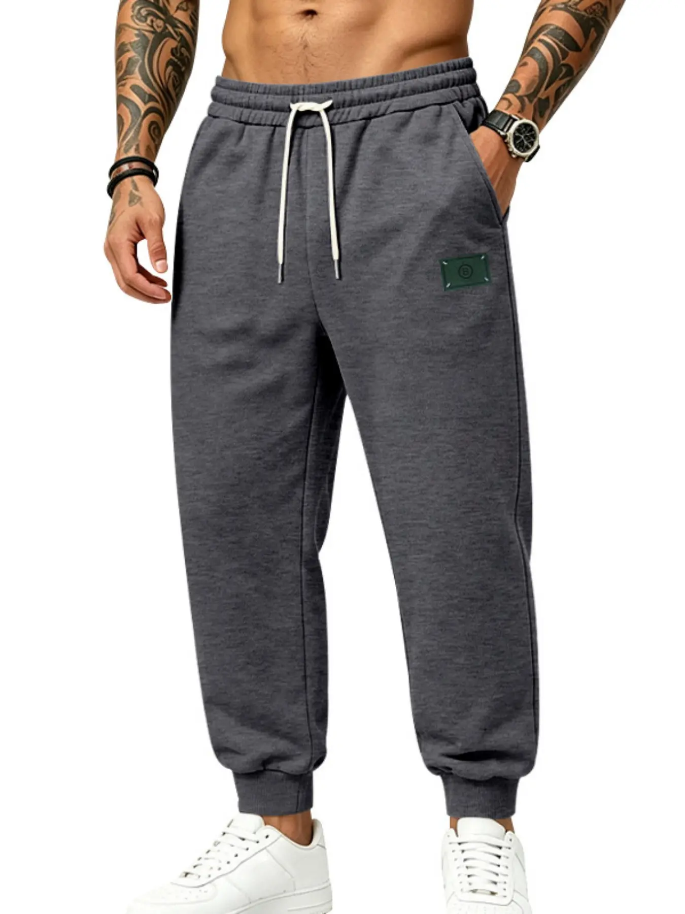 Men's casual cuffed sweatpants, stretch drawstring waist leather pointed cuffed pants, everyday street style training sports pants, versatile basic cuffed sweatpants, must-have items for daily and sports wear.