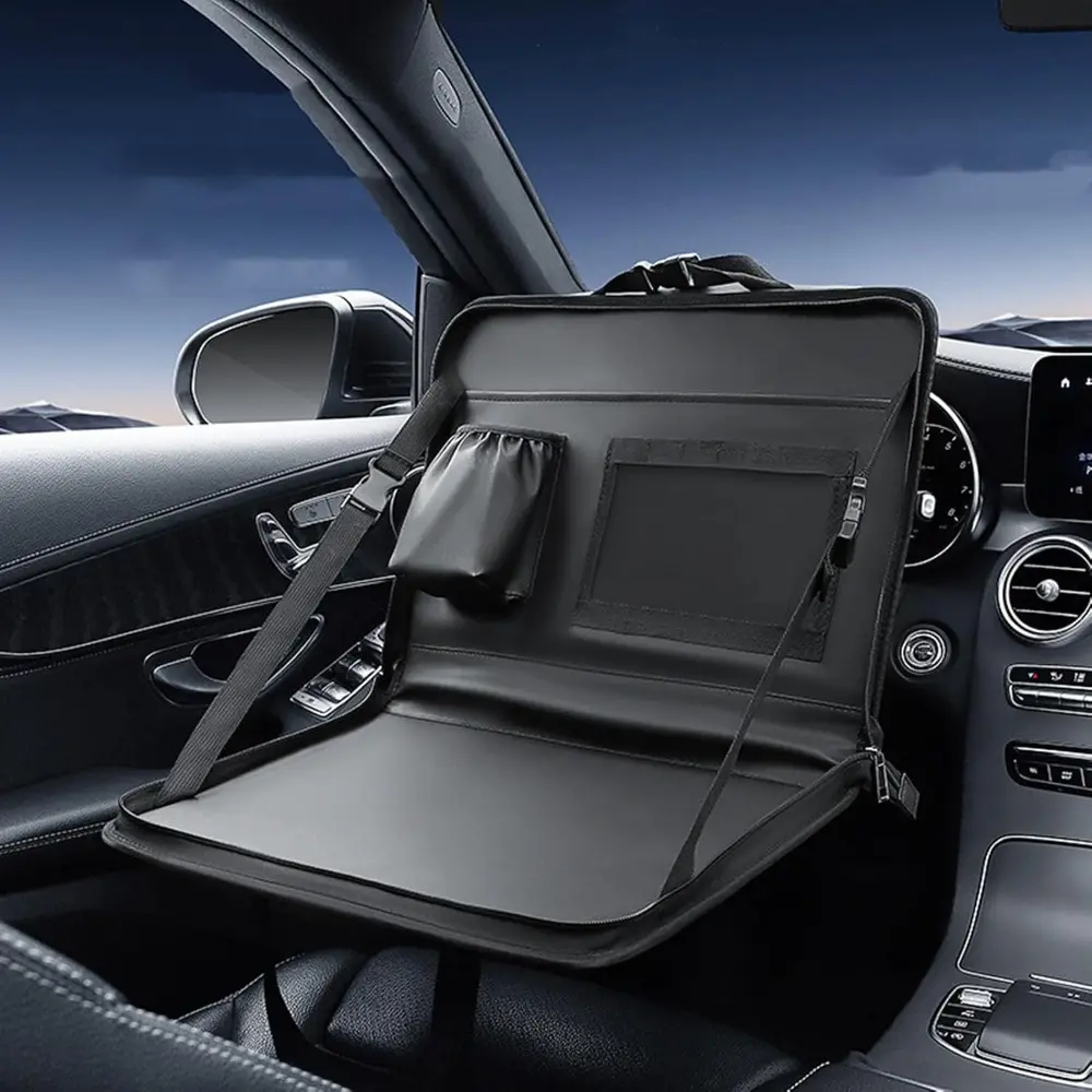 Multifunctional car folding table with cup holder and laptop holder; desk for steering wheel, passenger seat, or back seat – for eating and working.
