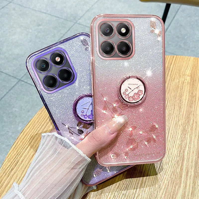 New high-end gradient flash eternal flower luxury diamond inlay for Honor X6 4G/Honor X6S/Honor X8 5G/Honor 70 Lite phone case with bracket, camera all inclusive anti fall protection case, internet famous women's trendy ring buckle soft shell Cover