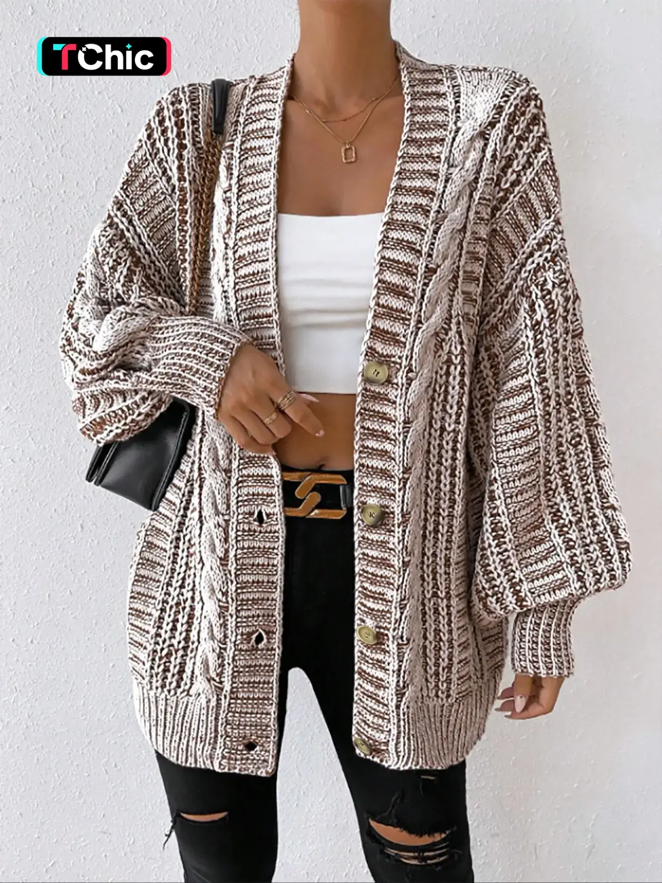 Women's Textured Lantern Sleeve Button Front Loose Fit Oversize Knitting Cardigan, Elegant Casual V Neck Long Sleeve Cardigan, Ladies Knitwear for Fall & Winter Daily Wear, Womenswear Tops Oversized, Fashion Knitwear