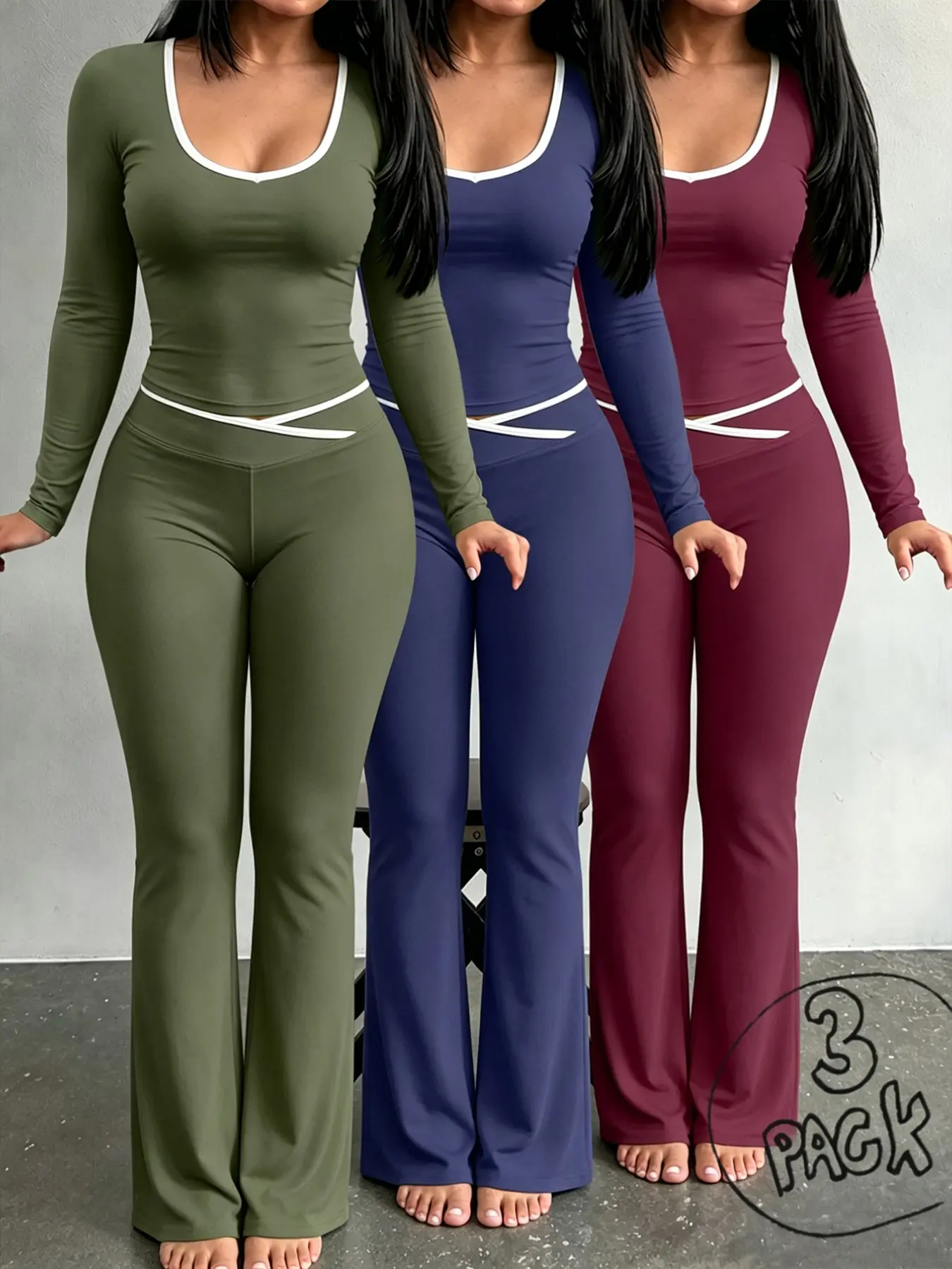 【Black Friday】Women's Autumn Winter 3 Pack Loungewear, Colorblock Fitted Long Sleeve Top & High Waist Wide Leg Pants, Versatile Multi-Color, Fitted Contrast U Neck Top & Crisscross Waist Flare Pants, Multi-color Set for Home & Sports