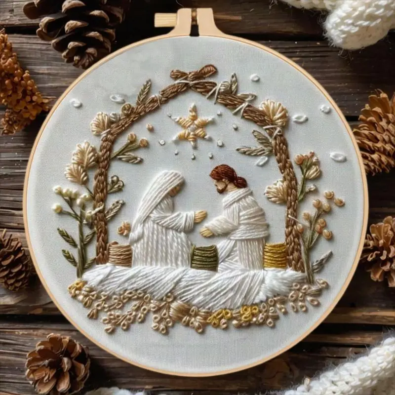 Christmas Embroidery Kit for Beginners, DIY Nativity Scene Needlework Craft, Mixed Fabric Holiday Art Set with Hoop and English Guide