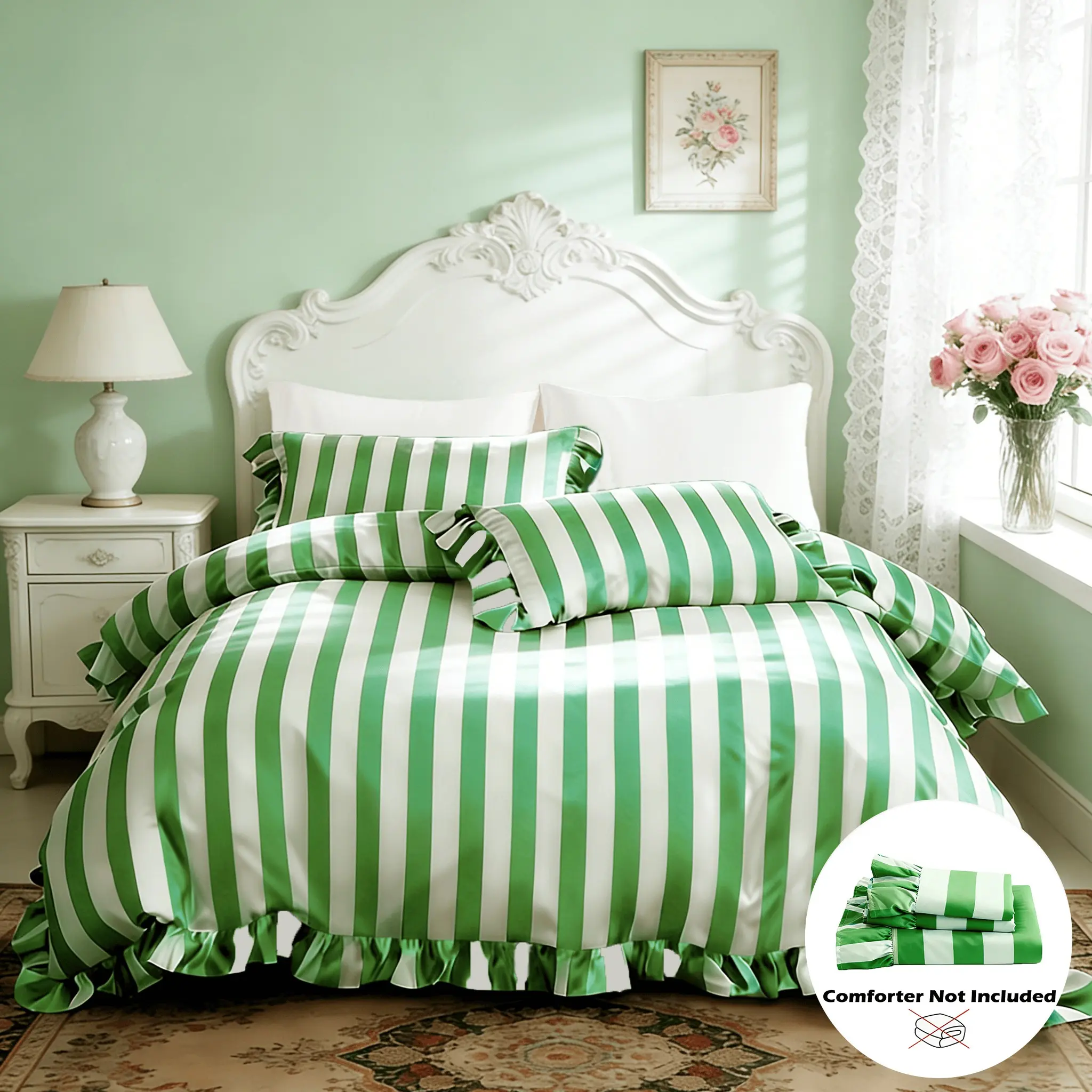 3-Piece Striped Bedding Set, Soft Ruffled Duvet Cover with Zipper, 1 Duvet Cover Without Quilt + 2 Pillowcases Without Pillow Insert, Comfortable Fabric, All Season Suitable