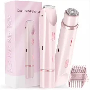 2-in-1 Bikini Trimmer for Women, Bikini Shaver with Dual Heads, Body and Facial Hair Removal, Rechargeable Cordless Electric Razors for Face Chin Pubic Underarm Legs, IPX7 Waterproof, Pink