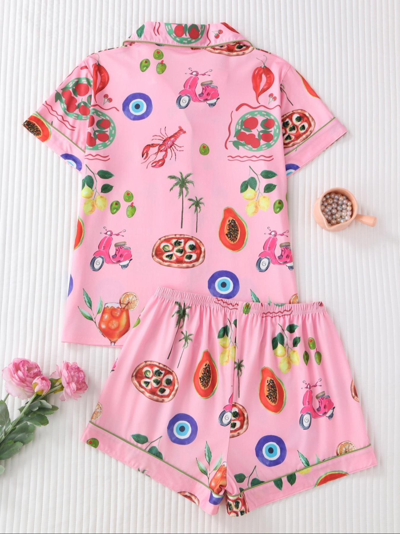 Women's Fruit Print Shirt & Elastic Waist Shorts Pyjama Two-piece Set, Casual Comfy Short Sleeve Top & Shorts PJ Set, Matching PJ Set, Ladies Sleepwear for All Seasons