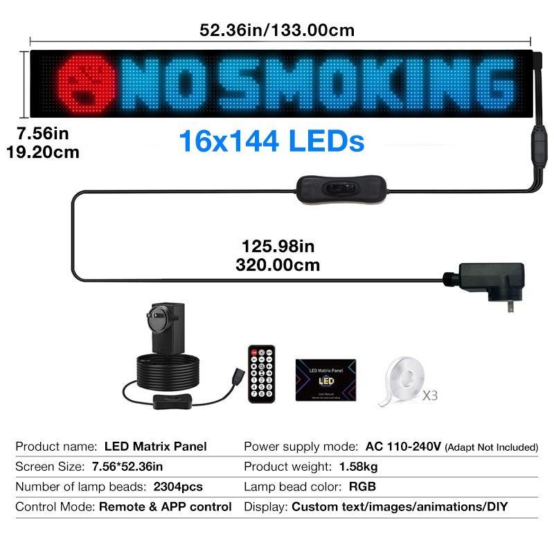 Programmable LED Sign, 1 Set Flexible Loop Playback LED Store Sign with Remote Control & APP Control, Scrolling Custom Text Pattern Animation DIY Digital LED Display