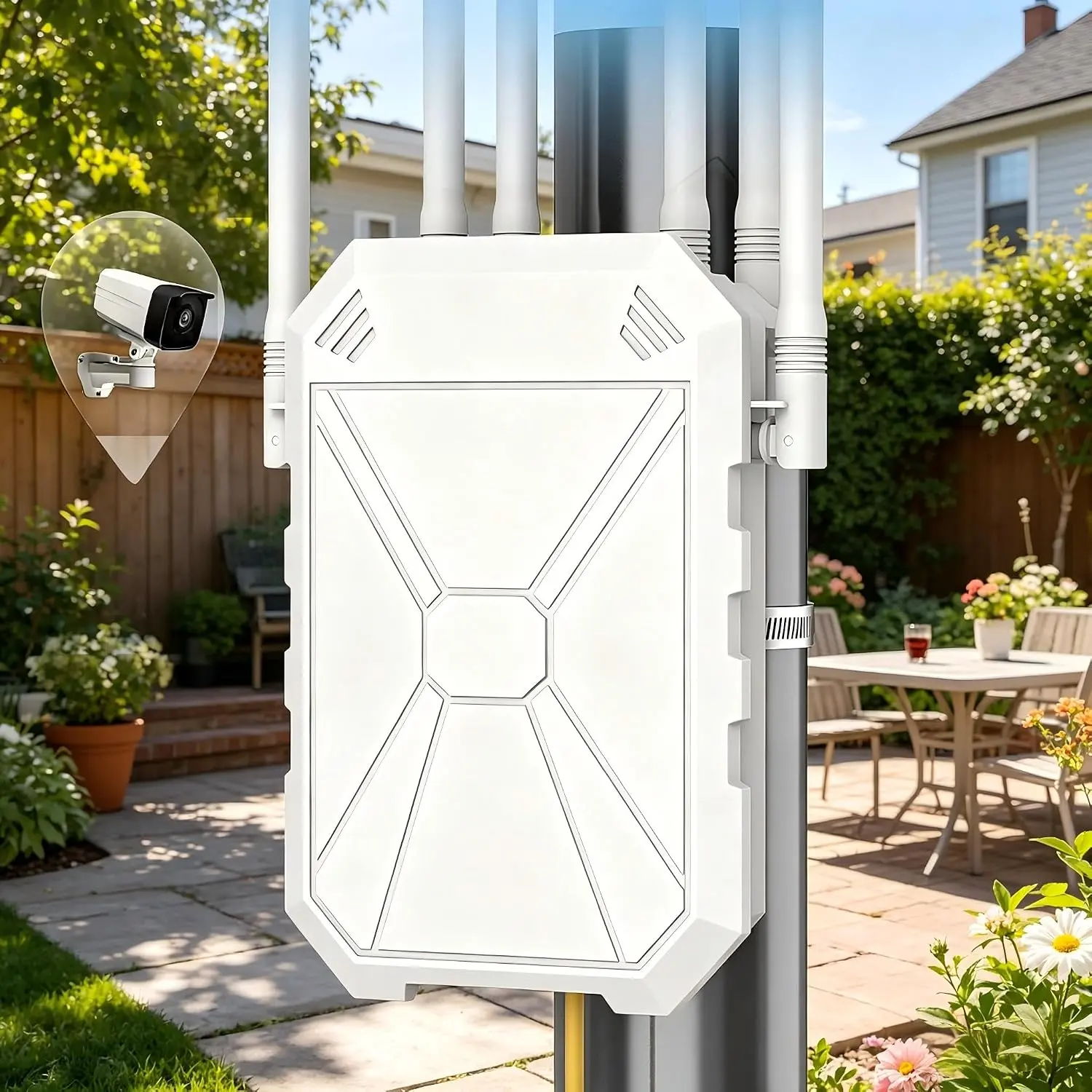 AC1200 Outdoor WiFi Extender, Long Range Outdoor WiFi Extender Signal Booster WiFi Access Point with 6 Antennas, IP65 Weatherproof,W/PoE, for Starlink, Camping,Cameras