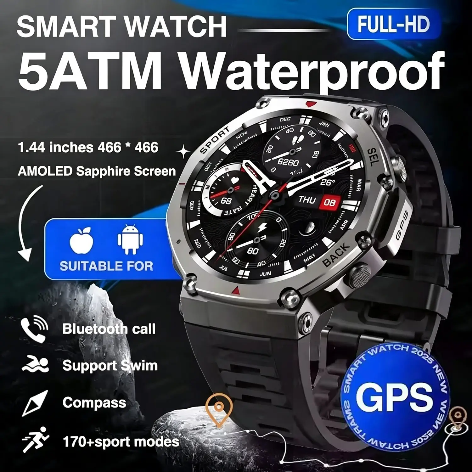 Military Bluetooth-compatible Call Smart Watch, GPS Compass, Barometric Altimeter, 5atm Waterproof, Sports Smartwatch for Men
