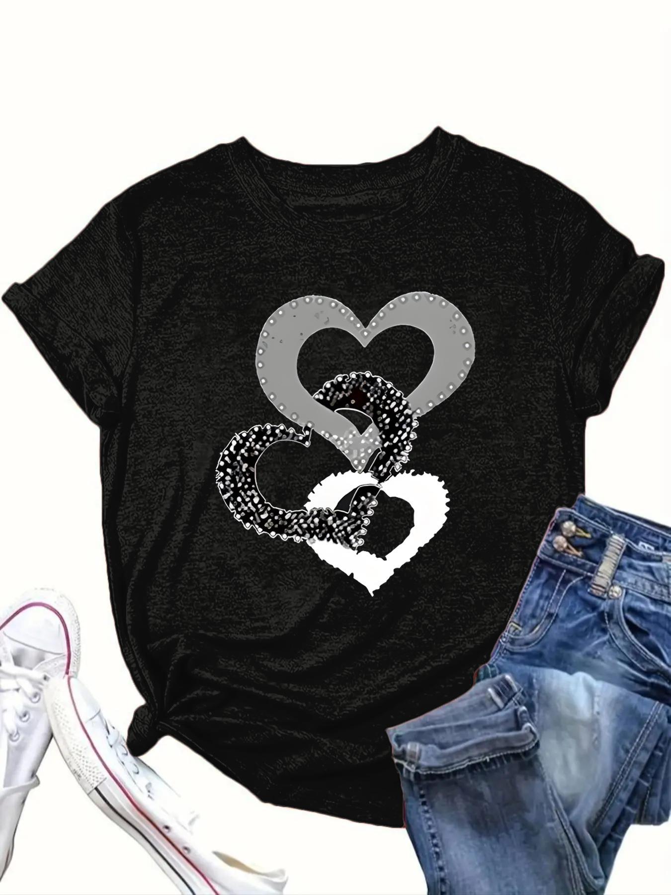 【Plus Size】 Heart Print Round Neck Knit Tee, Casual Short Sleeve Crew Neck Breathable T-shirt for Daily Wear, Women Clothing for All Seasons, Womenswear