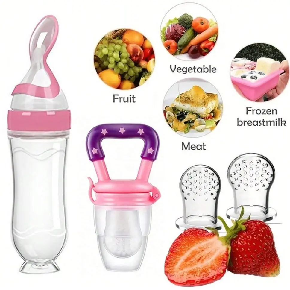 Baby Feeding Set, 4-Piece Baby Bottle Kit with Suction Base Rice Cereal Bottle, Vegetable & Fruit Teether, Two Mesh Bags (s M L), Silicone Feeding Set