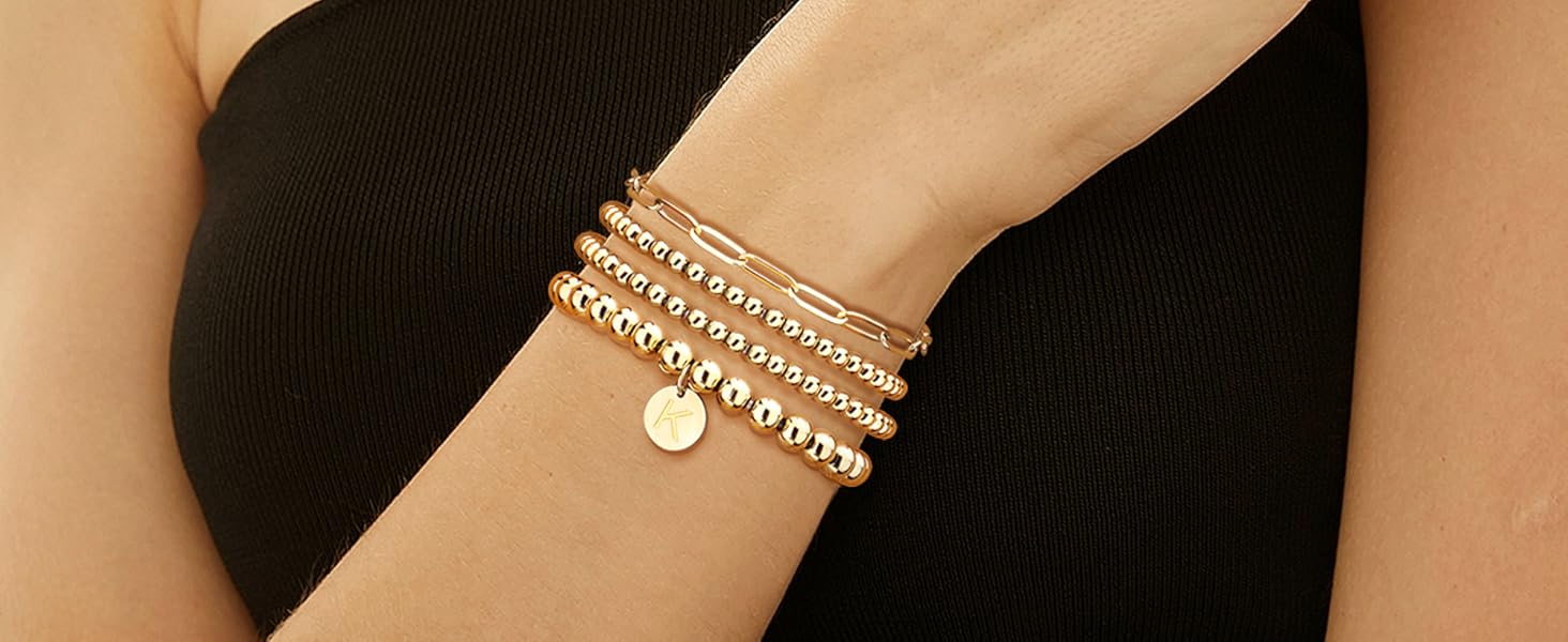 Gold Beaded Initial Bracelets for Women 14K Real Gold Plated Stainless Steel Stackable Bead Ball Papercilp Link Chain Non Tarnish Layered Stretch Engraved Letter A-Z Disc Charm Bracelets Set Gold Beaded Initial Bracelets for Women 14K Real Gold Plated Stainless Steel Stackable Bead Ball Papercilp Link Chain Non Tarnish Layered Stretch Engraved Letter A-Z Disc Charm Bracelets Set
