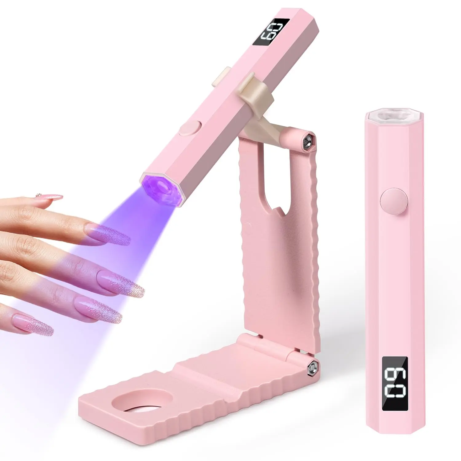 Foldable UV Nail Lamp with Stand, Pink Flash Cure Gel Nail Light, 360° Adjustable Rotation Portable Manicure Lamp for Home DIY Nail Salon Gel Polish