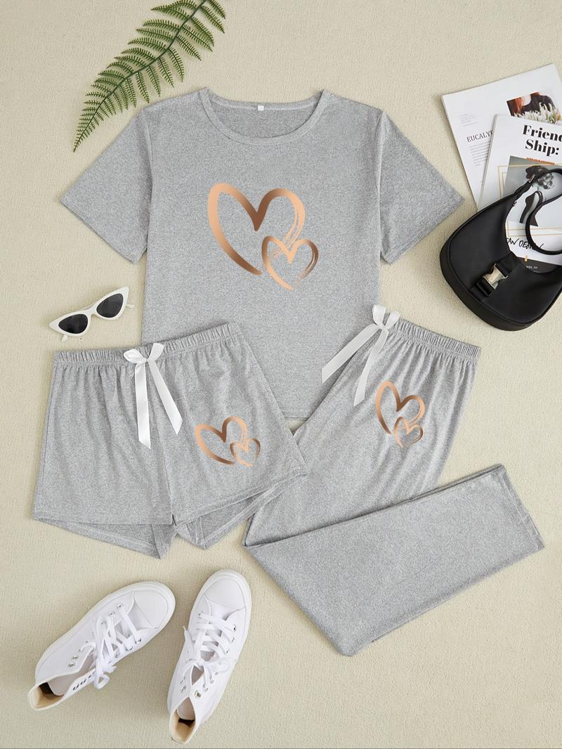 Women's Heart Print Tee & Pants & Shorts Pyjama Set, Casual Comfy Round Neck Short Sleeve T-Shirt & Trousers & Shorts PJ Set, Ladies Sleepwear for All Seasons, Loungewear, Shorts Pajama Set