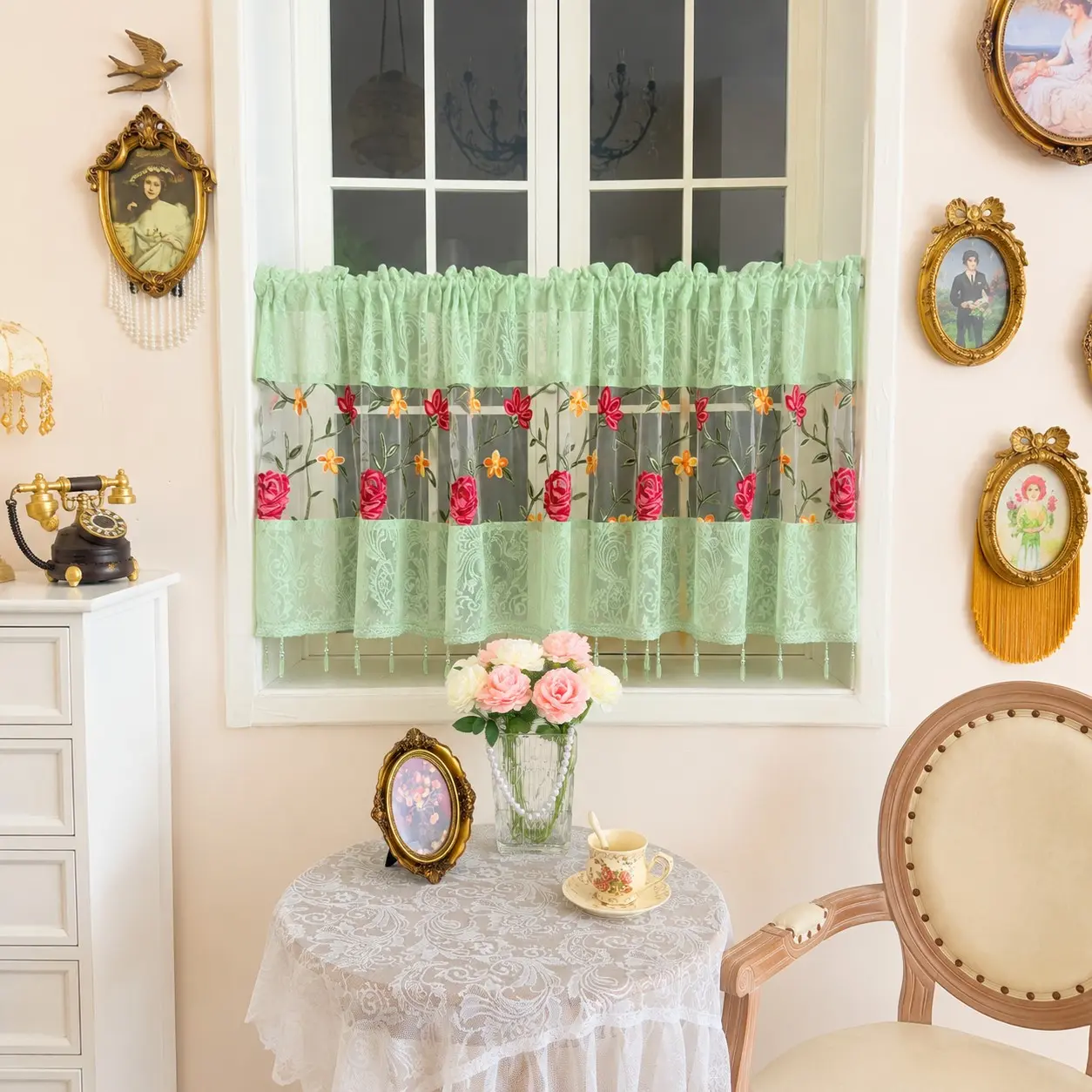 Lace Rose Embroidered Short Curtain, Rustic Style Sheer Curtain, Kitchen Small Window Half Curtain, Coffee Curtain with Bead Decor, Floral Sheer Curtains