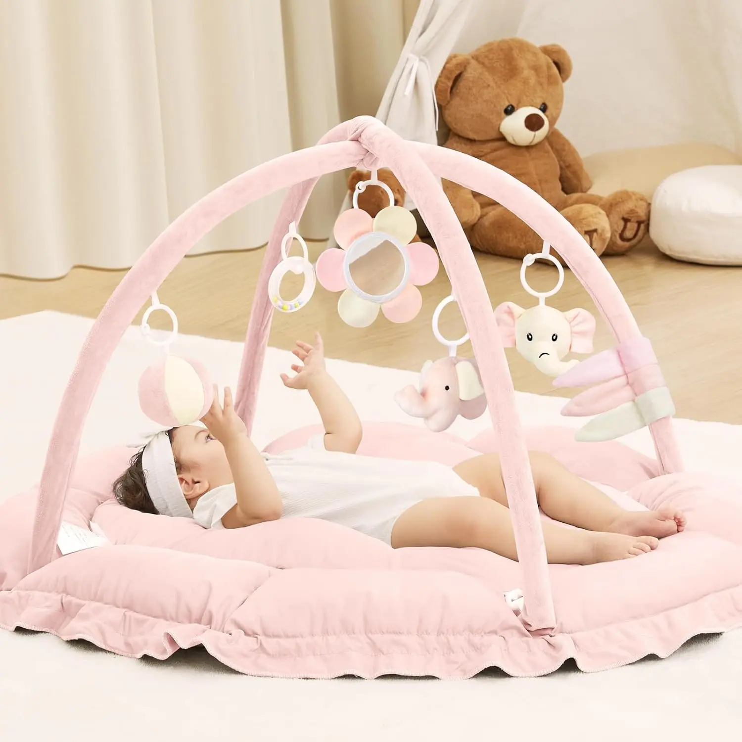 Solid Fabric Baby Playgym, 5-in-1 Multi-functional Activity Center, Double Sided Thick Tummy Time Mat with 5 Sensory Toys for Infants (Pink)