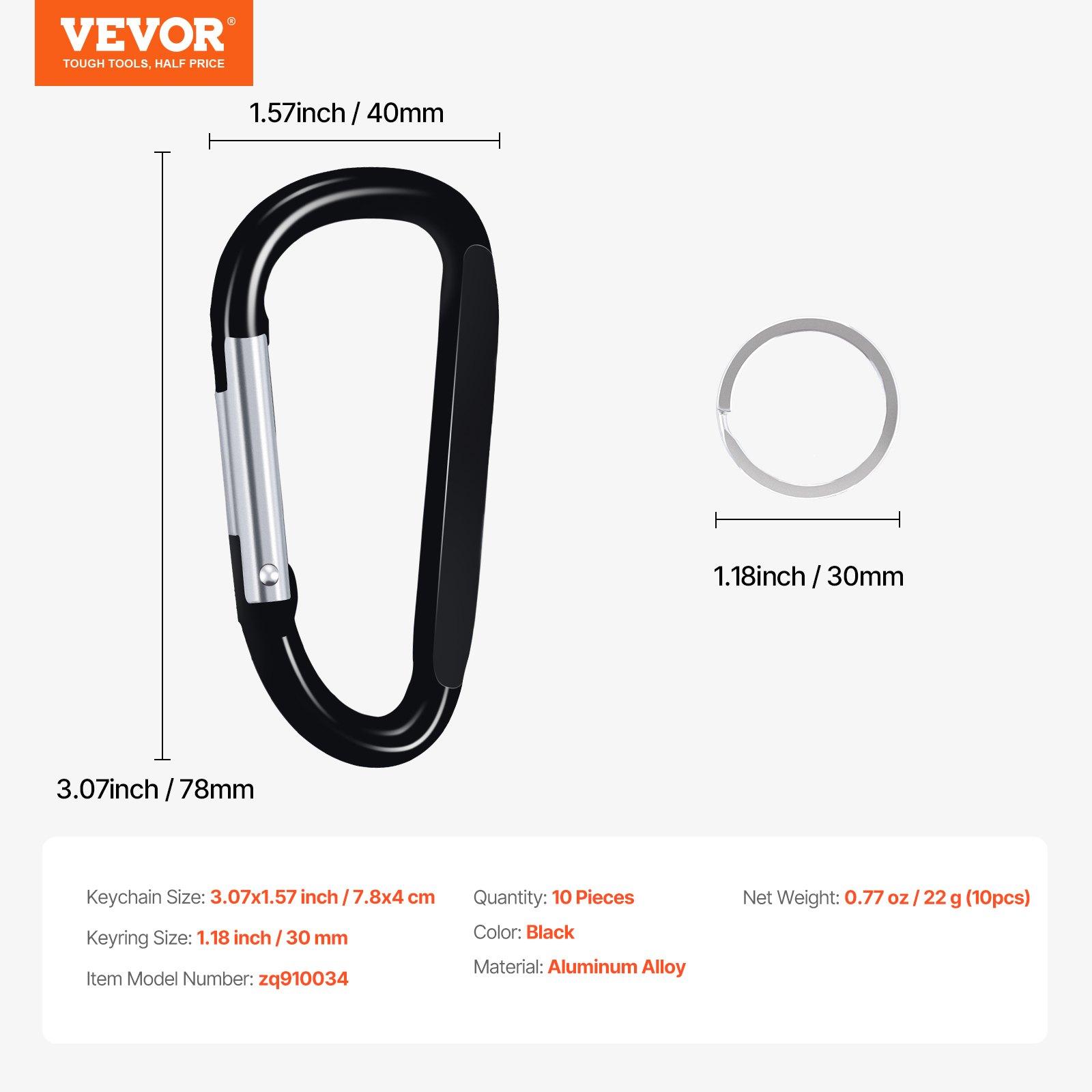 VEVOR 10 PCS Black Carabiner, Caribeaner Clip, Spring Snap Hook for Keychain Clip, 3.07" Aluminum Alloy D Ring Shape Carabeaner with 20 PCS Keyring, Multipurpose for Camping, Hiking, Backpacking