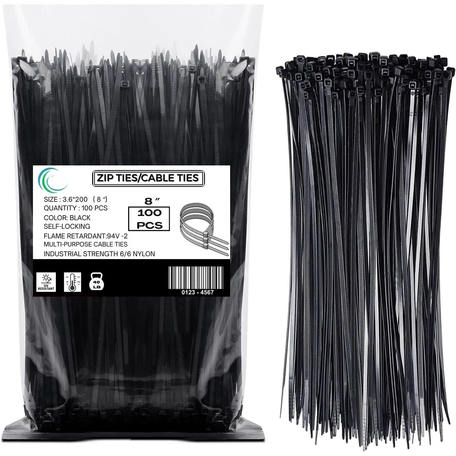 Zip Ties 8 Inch 100 Pack | Black  Ties 40 lb Tensile Strength | Self-Locking Nylon 66 Wire Ties  |  Ties for Electrical, Automotive, Garden and  Management |