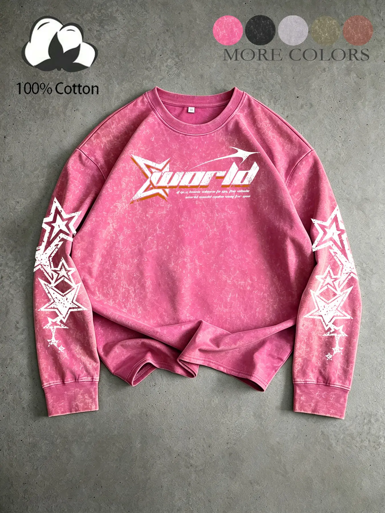 Unisex design, urban style, Casual, Streetwear, spring and autumn season, avant-garde, lightweight, water-washed, distressed, star-shaped letter print, long-sleeved T-shirt made of 100% cotton, relaxed fit, American vintage style, round neck