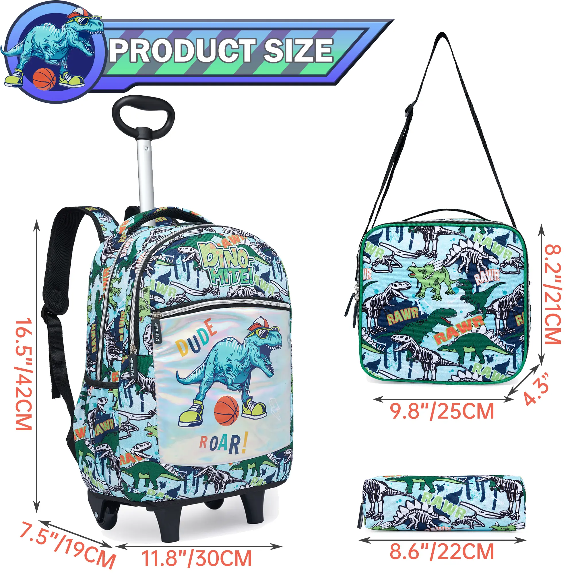 Boys' 3-Piece Polyester Dinosaur Rolling Backpack Set with Wheels, Cool Basketball Holographic Design, Insulated Lunch Box & Pencil Case, Back to School Wheeled Bookbag