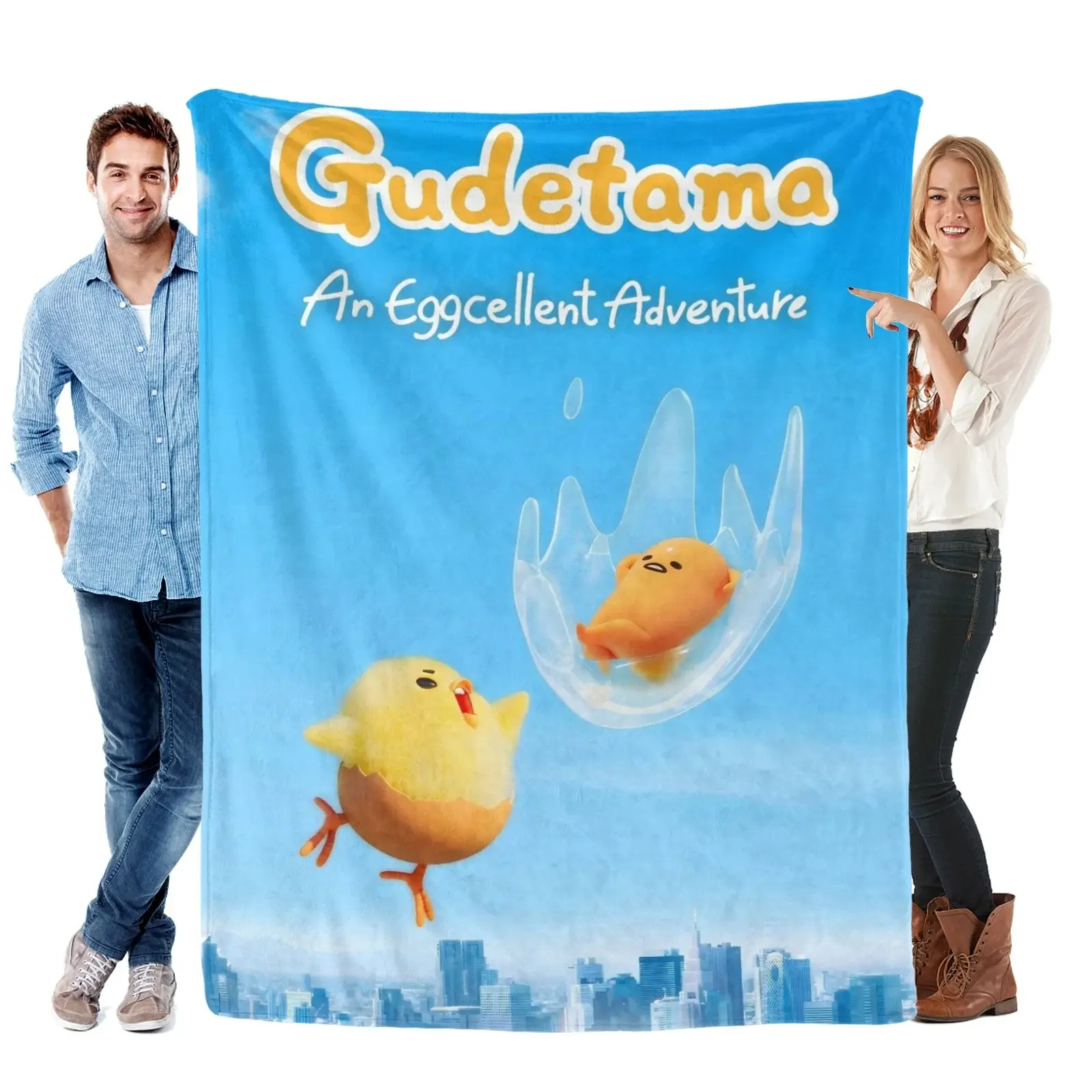 Gudetama An Eggcellent Adventure Themed Flannel Throw Blanket Bright Blue Sky Background 3D Cartoon Character Print Soft Fleece Cozy Blanket for Bedroom Sofa Collectible Fan Gift