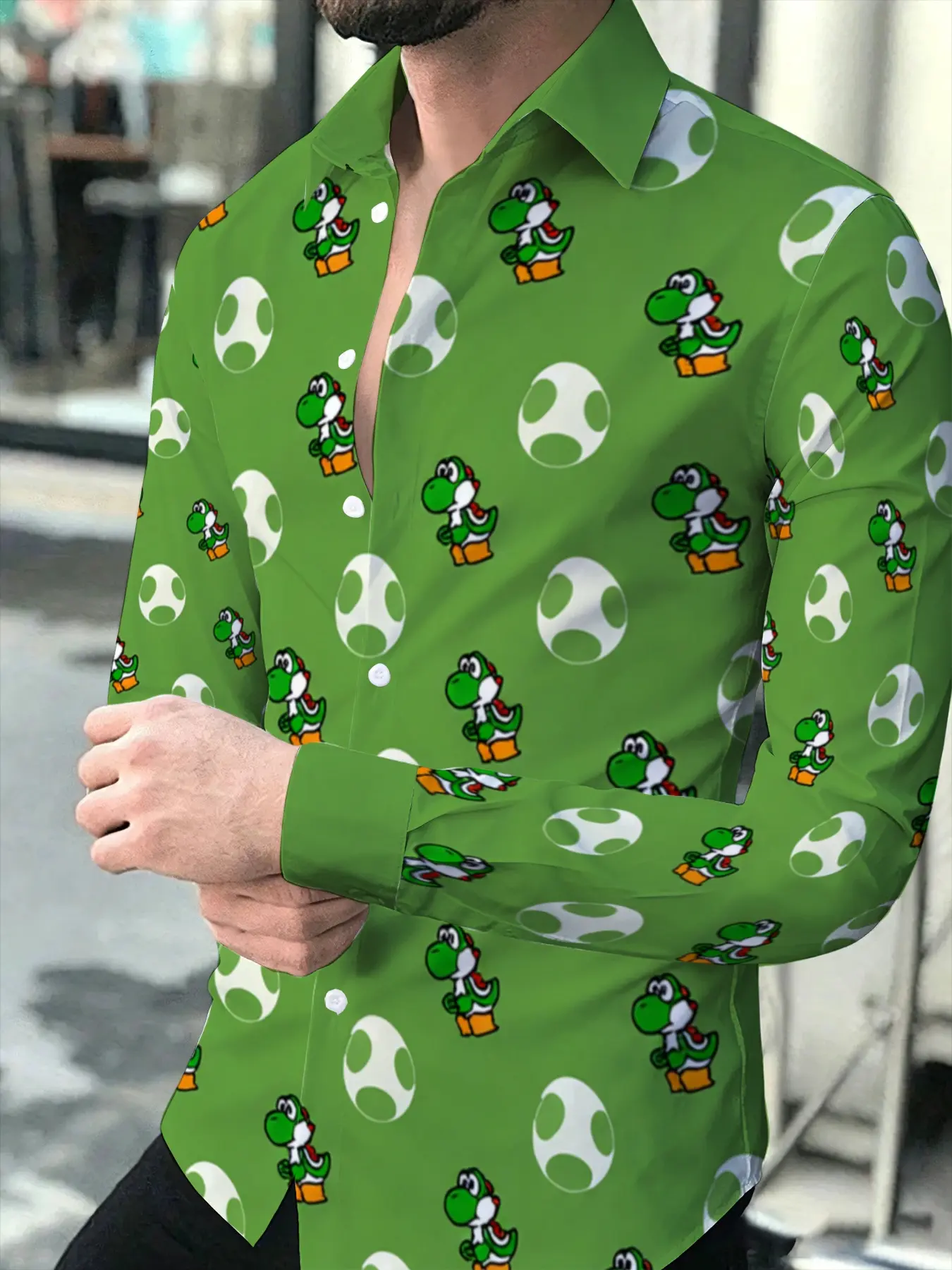 Yoshi Themed Army Green Men's Long Sleeve Shirt Casual Slim Fit Turn-down Collar Button-down Top for Spring and Autumn, Fun Cartoon Anime All-over Print Design, Comfortable Trendy Personality Male Clothes for Daily Commute Travel