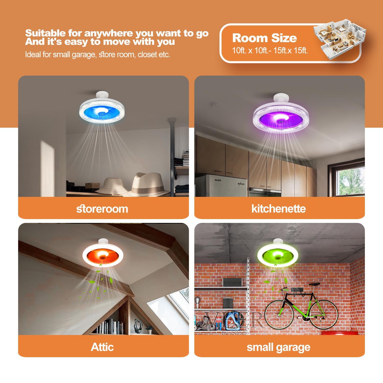 E27 Socket Fan Light with Remote Control, RGB Light Socket Fan Light, Unlimited Dimming, Lighting Modes Adjustable, Three-speed Wind Speed, Timeable Ceiling Fan Light for Small Rooms, Dimmable Ceiling Lights