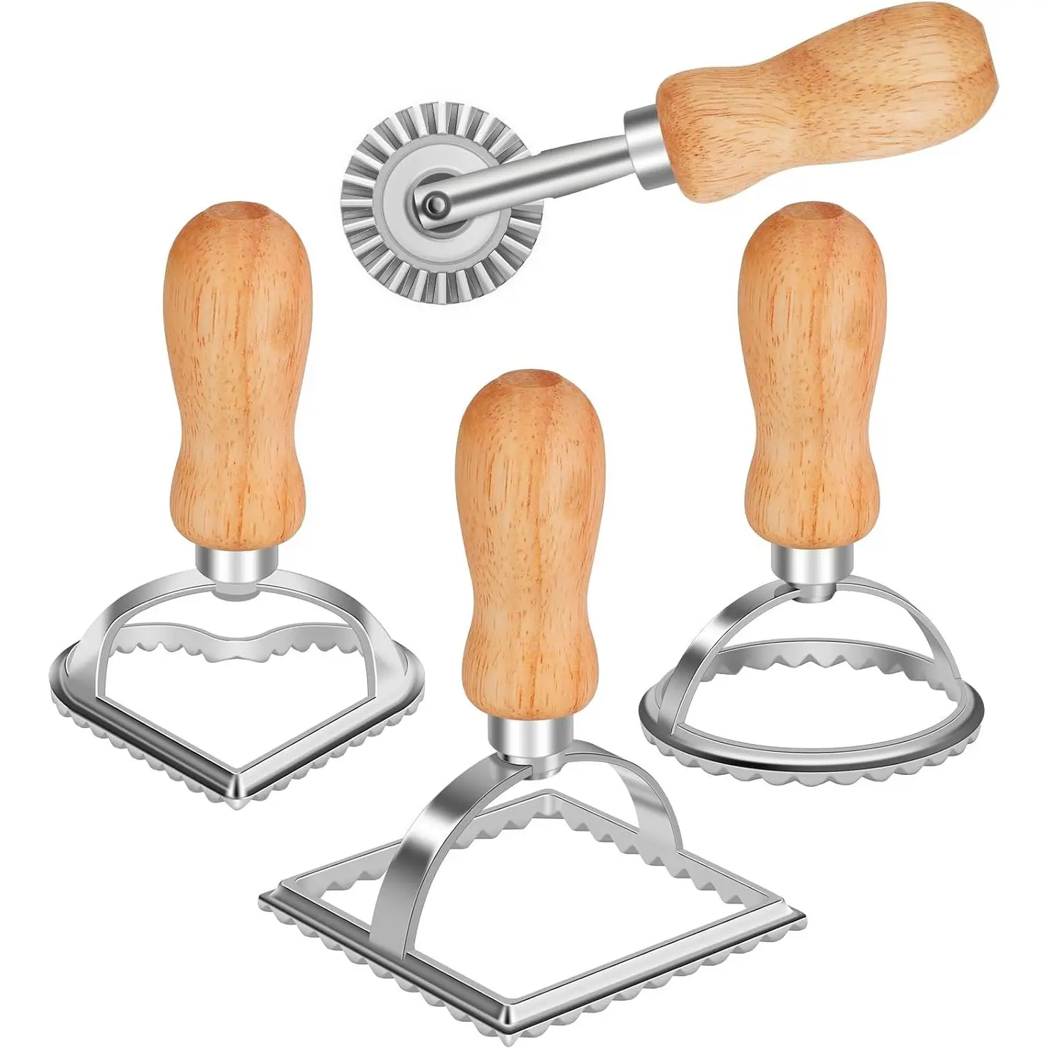 Ravioli  Maker  with Roller Wheel (Set of 4), Wooden Handle and Fluted , for Ravioli, Pasta, Dumplings Lasagna, Pierogi