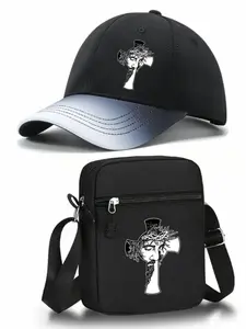 Jesus Cross Pattern Baseball Hat and Shoulder Bag Set, Adjustable Street Fashion, Unisex, All Seasons, Perfect for Daily Wear and Gifts