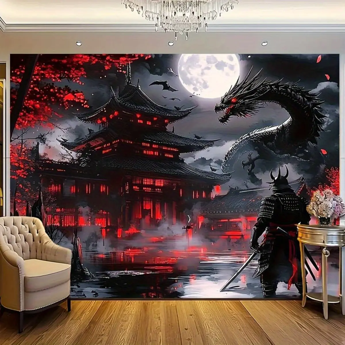 Samurai and Dragon Japanese Wall Tapestry - Large Japanese-Themed Black & Red Moonlit Night Scene with Samurai Warriors, Dragons & Cherry Blossoms - Hanging for Home Decor, Parties, Weddings, Anime/Manga Room