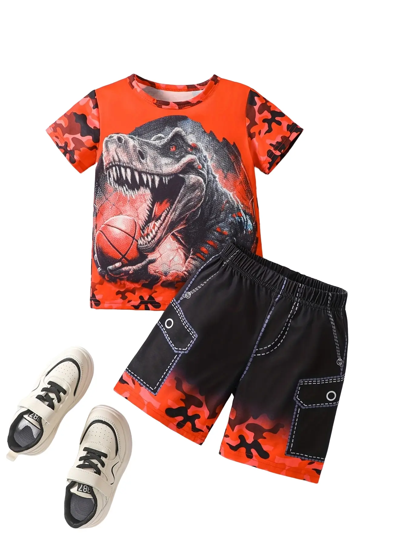 Boys' Camouflage Dinosaur Print Short Sleeve Shirt & Shorts Set, Summer for School Parties, Outdoor Activities, Gift Idea