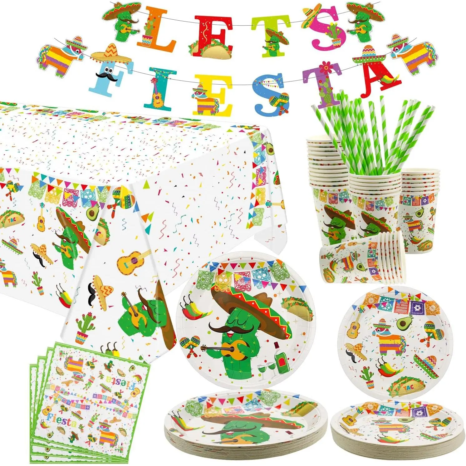 98 count Mexican Themed Fiesta Party Supplies - Paper Plates, Cups, Napkins, Tablecloth, LET'S FIESTA Banner for School Dance, Cinco de Mayo, and Mexican Fiesta Disposable Tableware Set - Serves 24