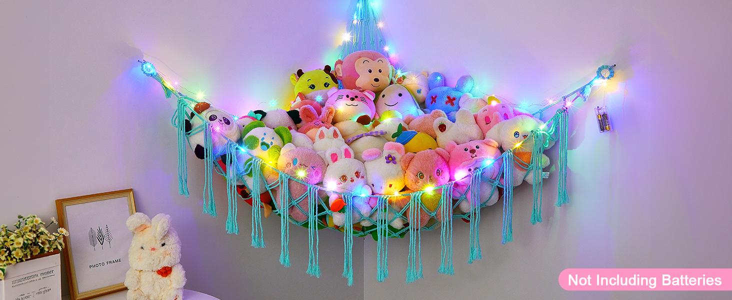 Basumee Stuffed Animals Net or Hammock with LED Light, Hanging Stuffed Animals Storage Toy Hammock Net Corner Wall Girls Room Decor Toy Storage Organizer, Pink, XL