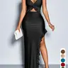 Summer Elegant Women's Spaghetti Strap Sleeveless Ruffle Slit Design Dress, Sexy Chic High Waist Hollow Out Side Split Hem Bodycon Dresses