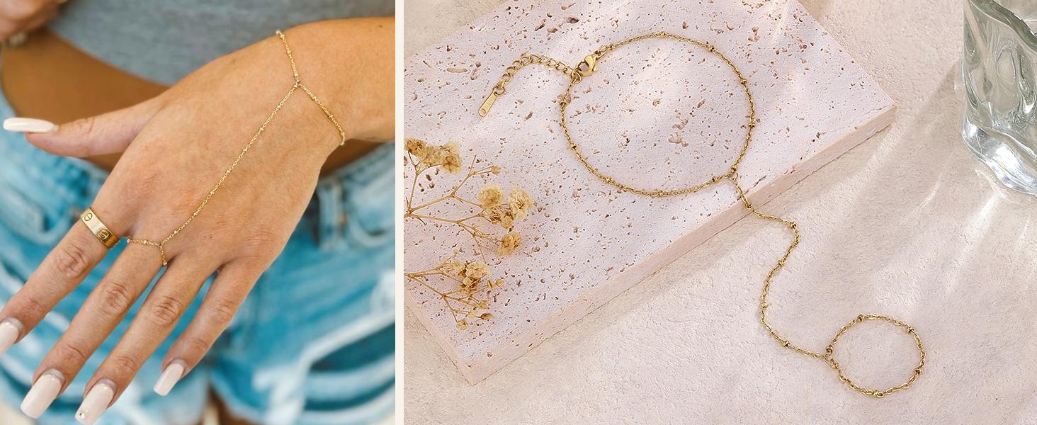 Hand Chain 18K Gold Plated Stainless Steel Non Tarnish Link with Finger Ring Bracelet Stacks Valentines Day Gifts for Her Waterproof Jewelry Gold Handchain Indian Bracelets for Women Hand Chain 18K Gold Plated Stainless Steel Non Tarnish Link with Finger Ring Bracelet Stacks Valentines Day Gifts for Her Waterproof Jewelry Gold Handchain Indian Bracelets for Women