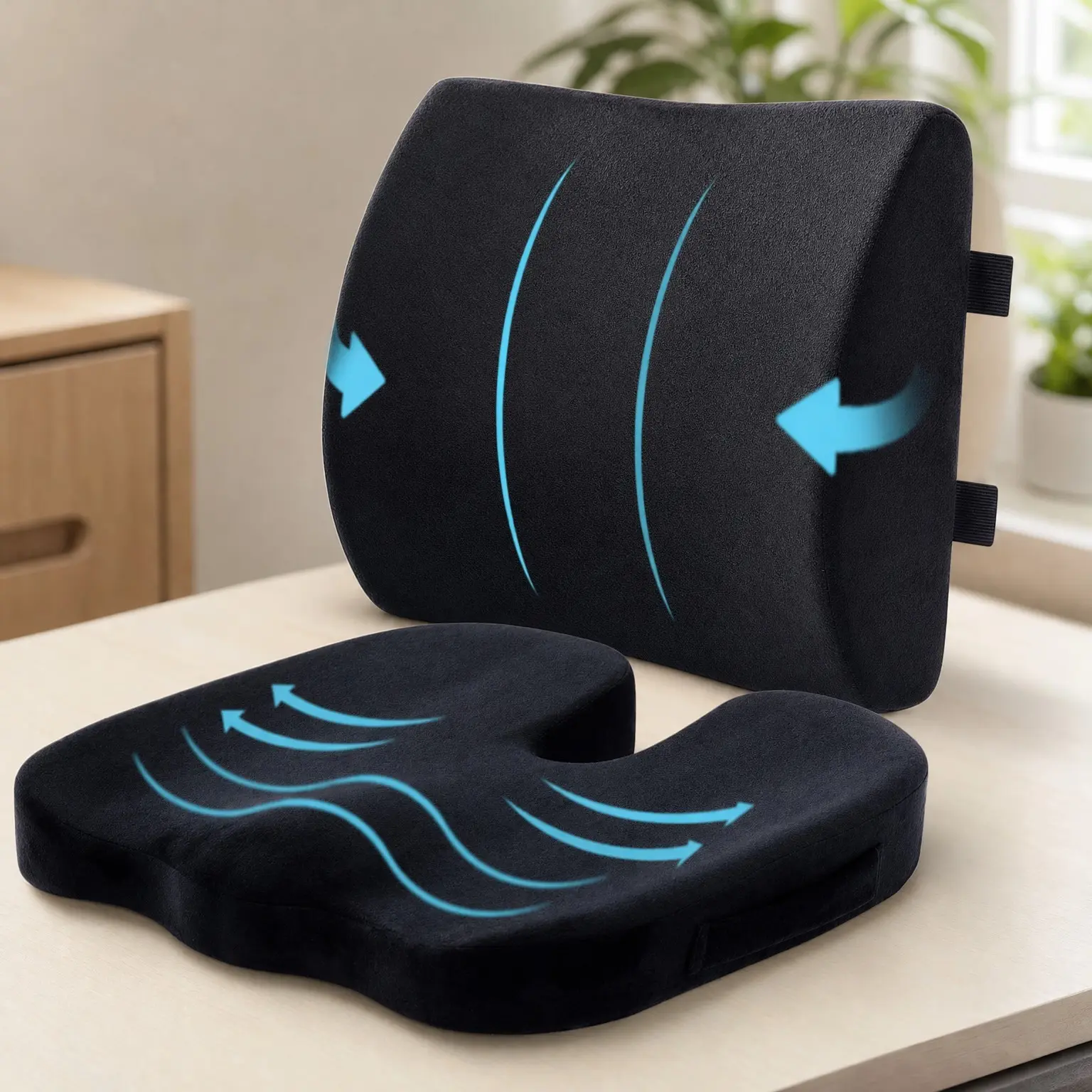 Memory Foam Seat Cushion and Lumbar Support Pillow for Office Chair & Car, Orthopedic Back Support for Pain Relief - Lumbar, Tailbone, Sciatic Nerve (Black)Gift