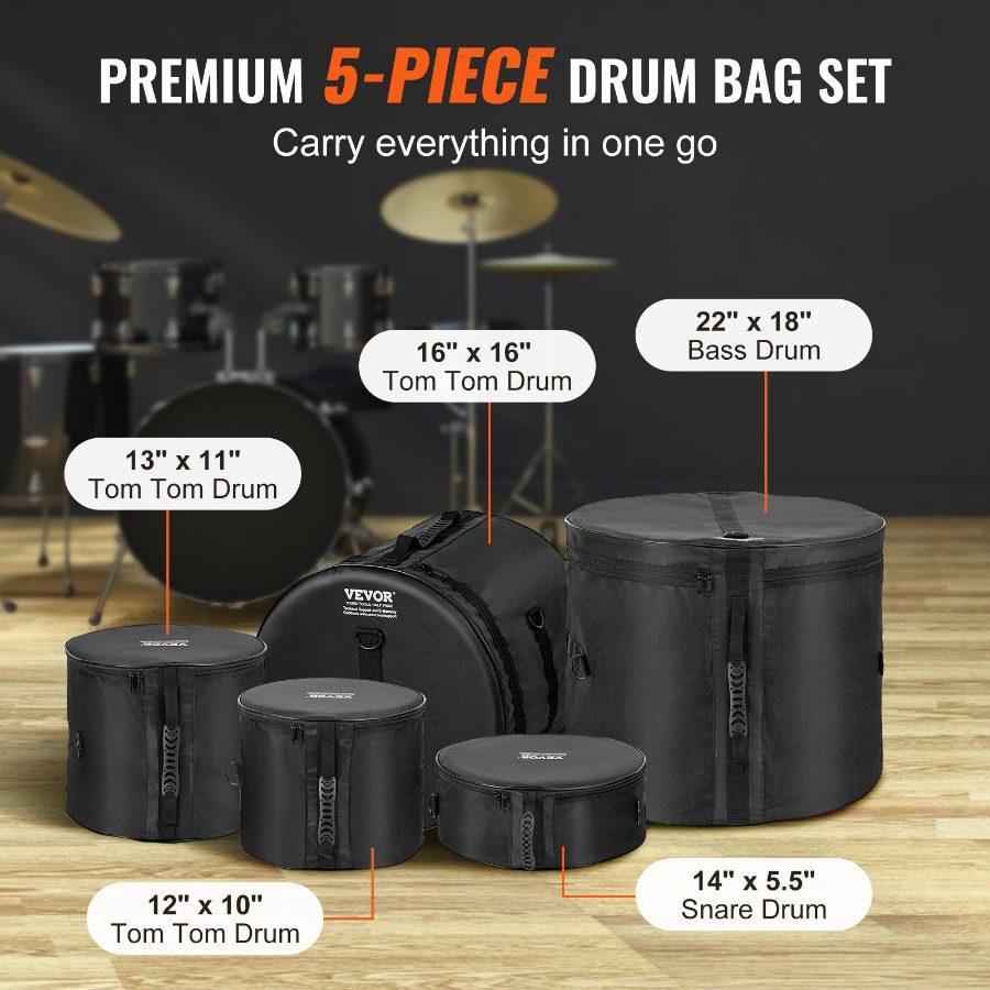 VEVOR 5-Piece Drum Bag Kit, Durable 1680D Oxford Material, Cushioned Cases with 1.5m Removable Shoulder Strap and Carry Handles, Collapsible, Fits 22'' Bass, 12''/13''/16'' Toms, 14'' Snare