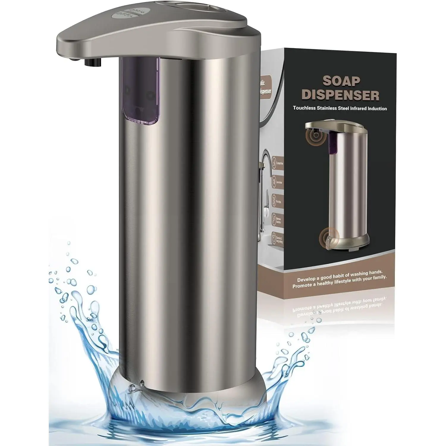 Automatic Soap Dispenser, Stainless Steel Touchless Pump with 3 Adjustable Levels, Equipped Infrared Motion Sensor and Waterproof Base, Smart Liquid Soap Dispenser for Bathroom Kitchen School Hotel
