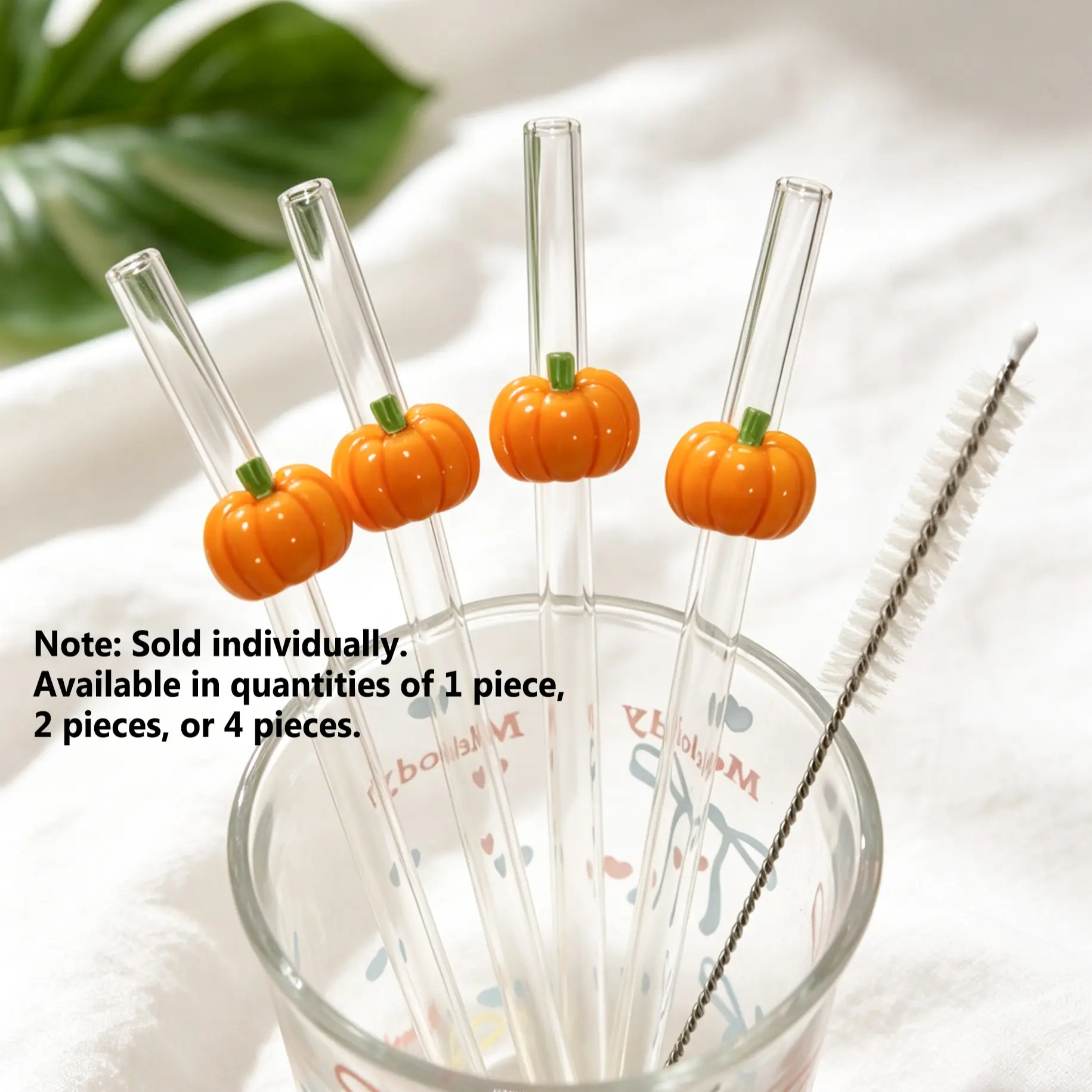 Cute Pumpkin Glass Straw Set, Reusable Thick Borosilicate Glass Straws, Heat Resistant, for Cold Drinks, Coffee, Juice, Party, Holiday, Clear Straws
