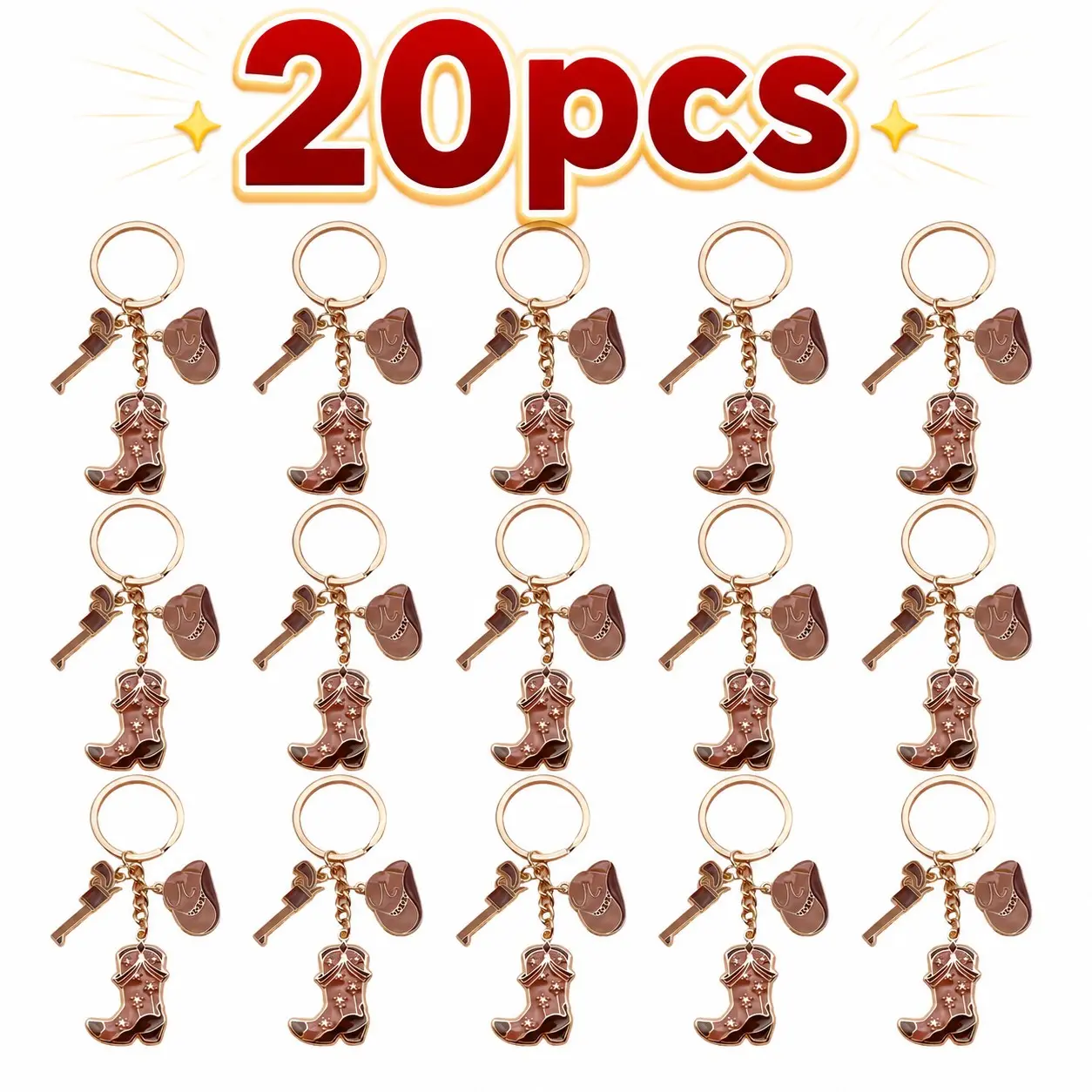 20pcs Western Cowboy Enamel Keychains, Key Rings, Cowboy Boot & Hat Charms, Wedding Favors, Birthday Souvenirs, Handbag Accessories