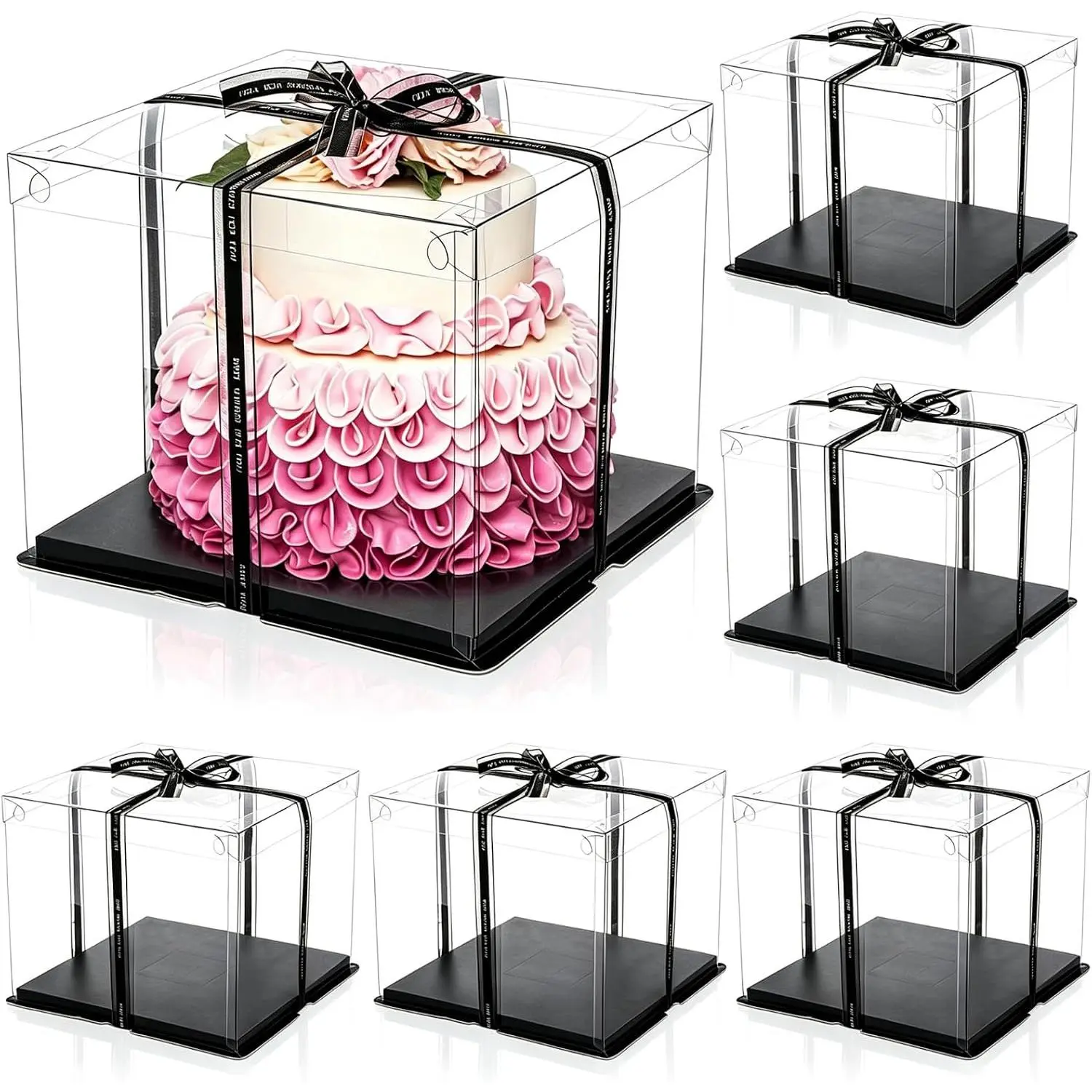 6 Pack Large Clear Cake Box with Ribbon, Tall Cake Box Carrier 12x12x10 Inch, Tiered Transparent Cake Packaging Boxes with Lid and Board,  Clear  Containers for Birthday Wedding Party