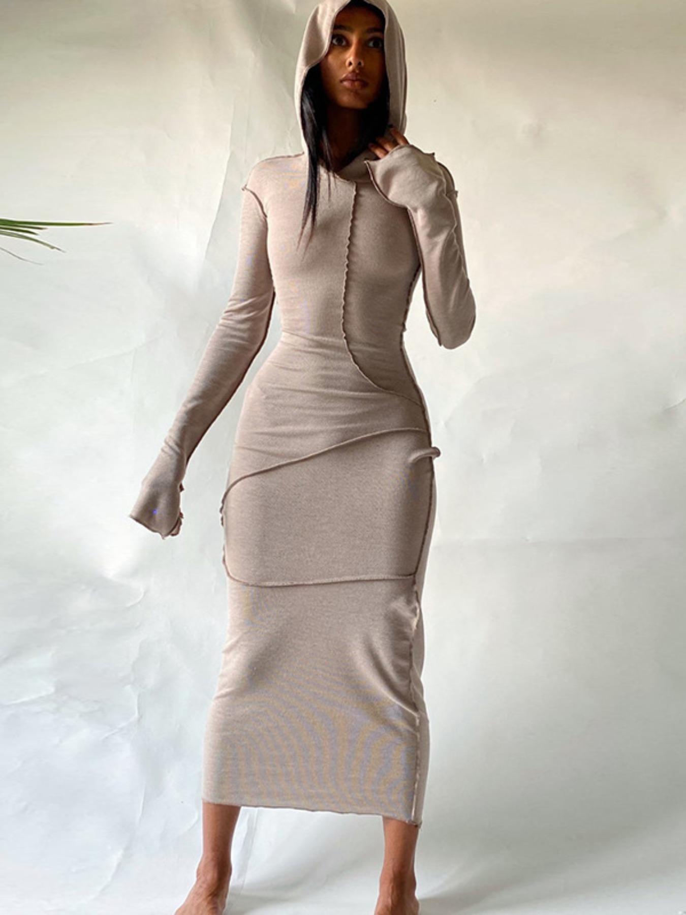Women's Plain Drop Shoulder Hooded Bodycon Dress, Casual Long Sleeve Solid Long Dress for Fall & Winter, Women's Clothing