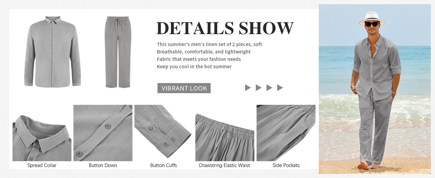 Beotyshow Men 2 Piece Linen Sets Outfits Drawstring Pants Button Down Long Sleeve Shirts Casual Beach Wedding Fashion Sets Clothing Menswear
