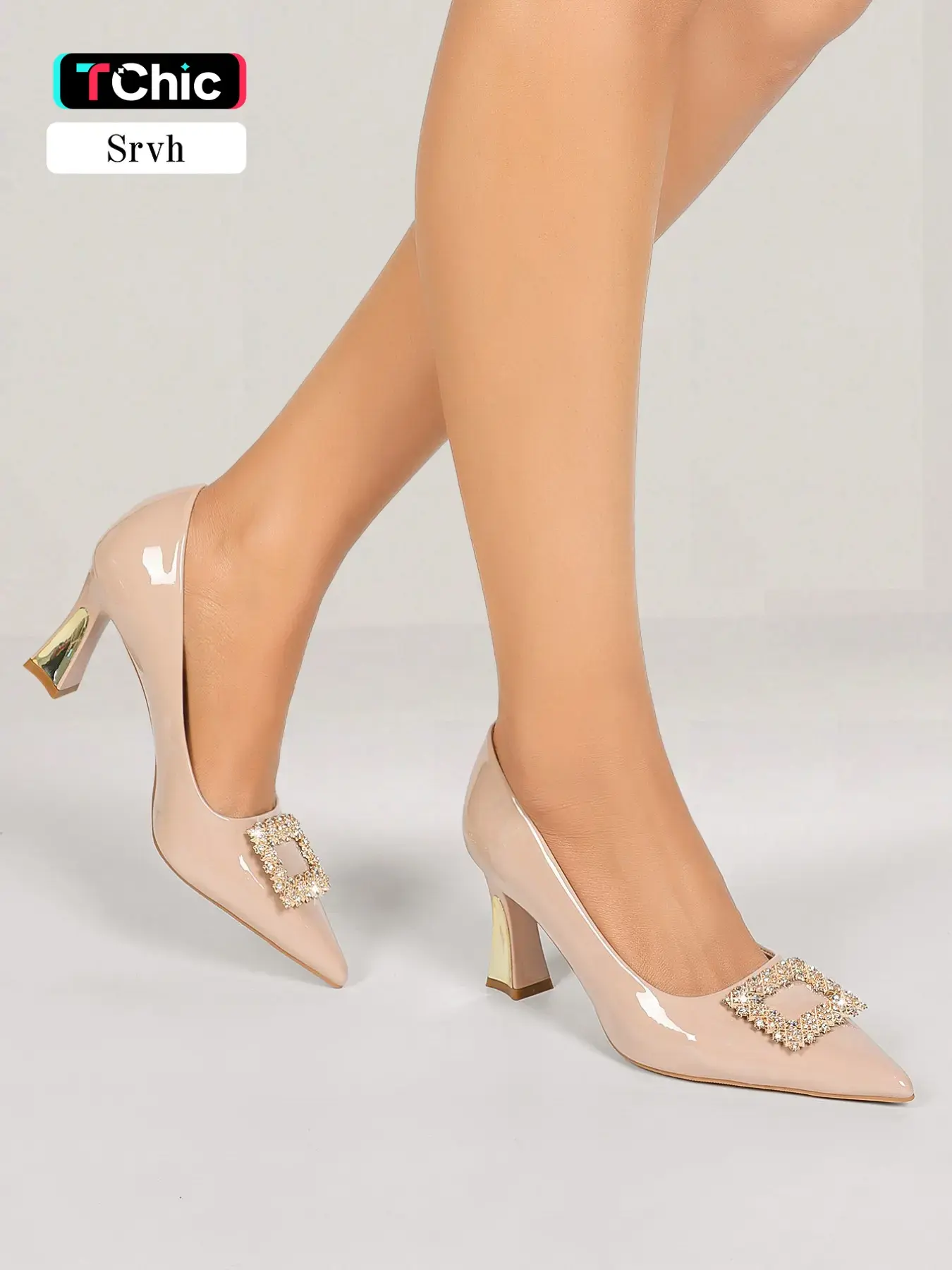 Women's Classic Pointed-Toe Pumps, High Heel, Crafted from PU Leather, with Rhinestone Square Buckle and Block Heel, These Slip-On Pumps Offer Effortless Wearability and Serve as Versatile Footwear, Perfect as Wedding Shoes, Bridal Shoes
