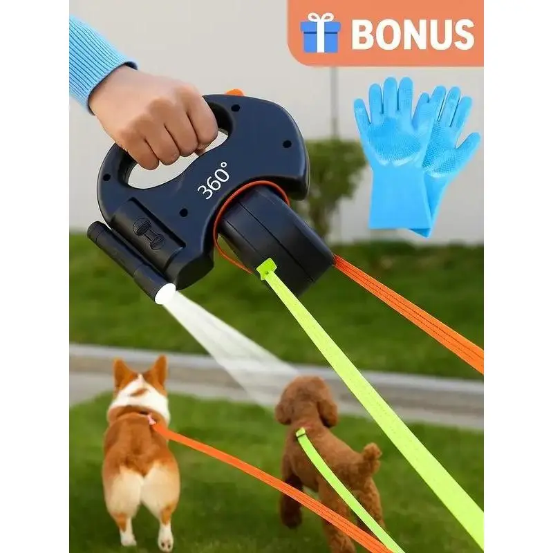 SALE NOW No-Tangle Double Dog Leash with Ergonomic ABS Handle, 360° Swivel, Built-in Waste Bag Dispenser & LED Flashlight, Reflective Design, Free Grooming Gloves for Comfortable Dog Walks (Pet Supplies, Collars Harnesses & Leads)