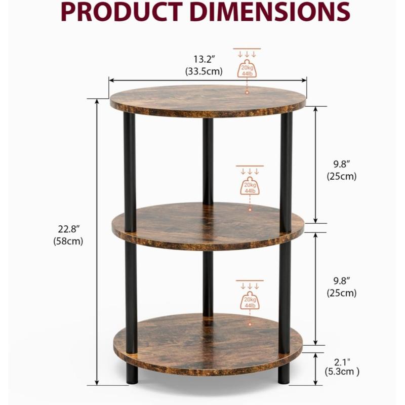 Small Round End Table 3-Tier Accent Table Nightstand for Bedroom Living Room Small Spaces Industrial Vintage Side Table Couch Organizer Bedside Display Stand Rustic Brown Home Gift