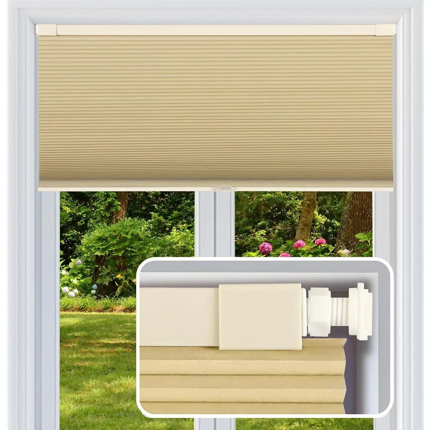 Cordless Blackout Cellular Honeycomb Window Shades, No Drill No Tools Thermal Insulated Light Blocking Blinds, Easy to Install, Light Cream 34"W x 48"H