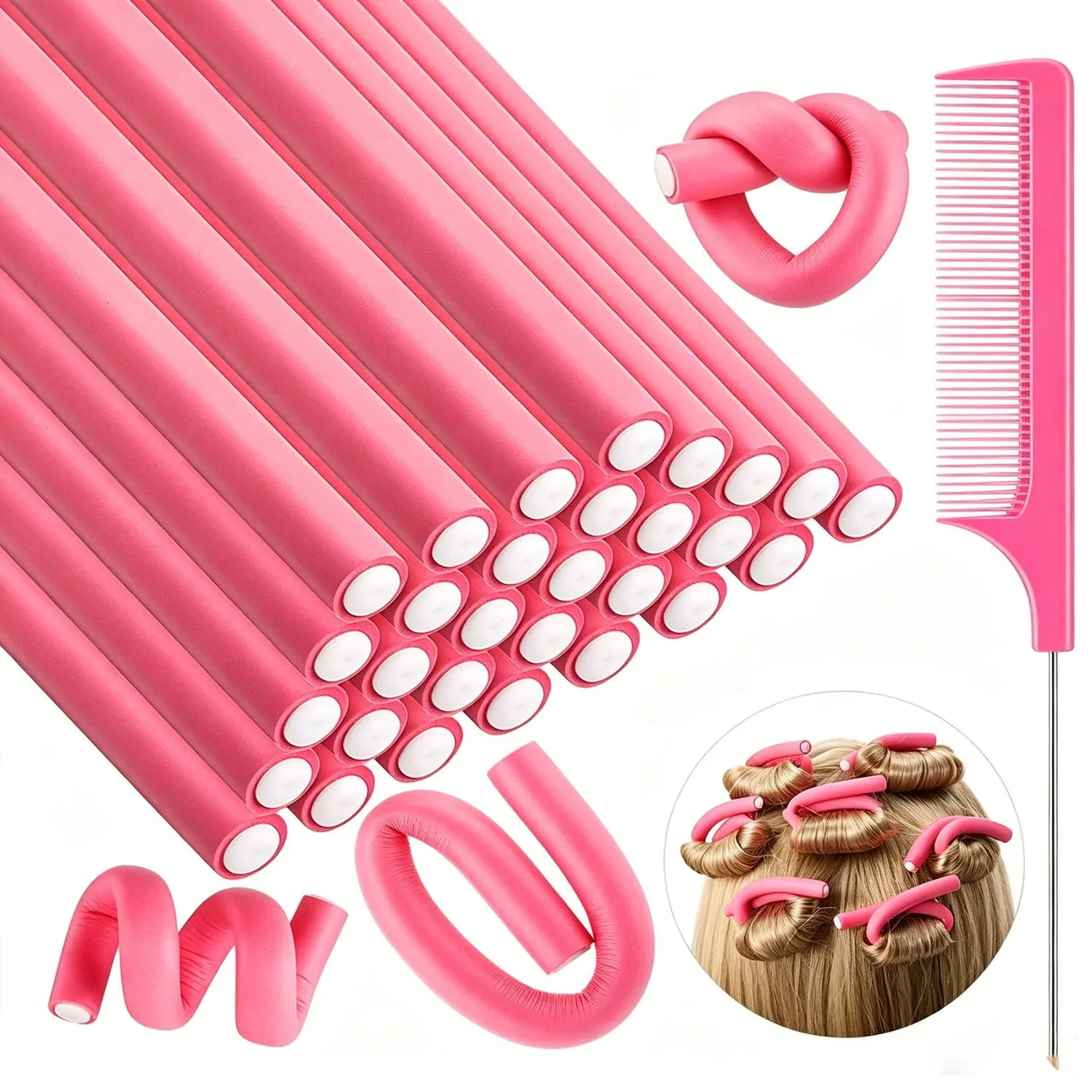 30pcs Flexible Foam Hair Rollers, No-Heat Hair Curlers, Soft Twist Styling Tools, Includes Steel Rat Tail Comb, for Long & Short Hair