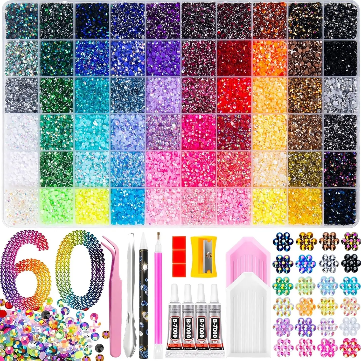 1-Box 60-Color 3 mm Trendy Nail-Bedazzling Rhinestones Kit, AB Iridescent Crystal Rhinestones, Semi-Circular Flat-Back Resin Diamond Decorations for DIY Nails, Birthday and Holiday Ornaments, Nail Art Supplies
