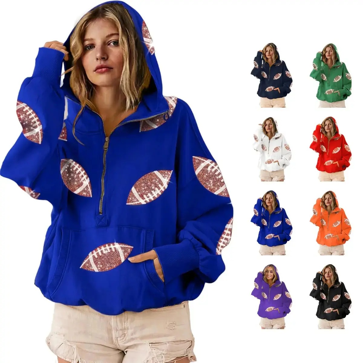 Tanming Women's Oversize Football Sequin Hoodie - Patchwork Fabric, Long Sleeve Zipper Pullover with Adjustable Drawstring, Kangaroo Pocket for Gameday Tailgating & Casual Wear,summerwins