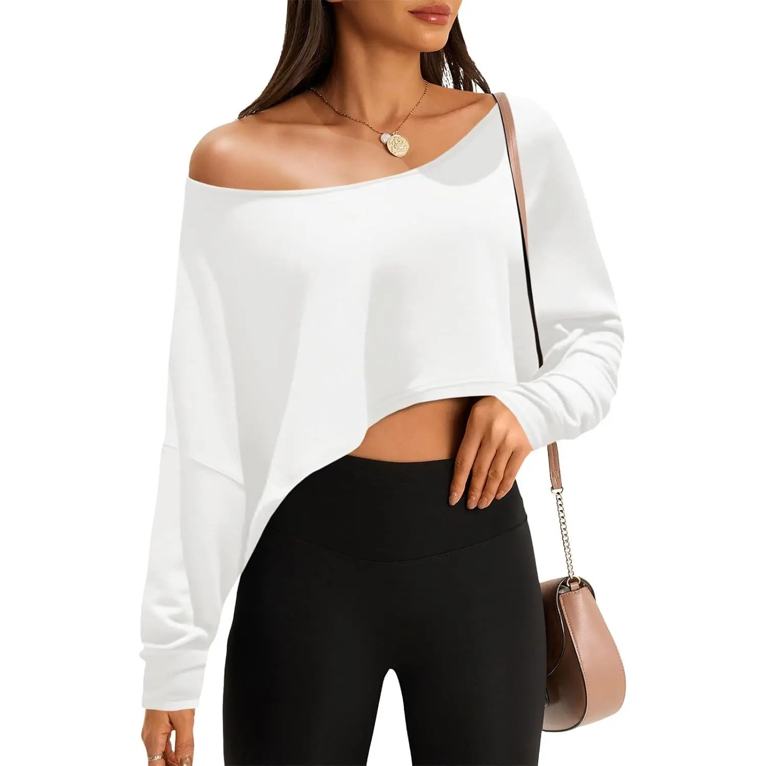 Women's Chic Long-Sleeve Off-Shoulder Asymmetrical Batwing Crop T-Shirt - Lightweight, Boat Neck-Inspired, Breathable, Machine Washable for Summer Tennis, Gym Workout (Gift)